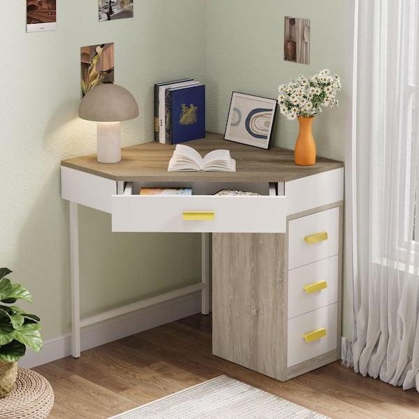 BYBLIGHT Moroni 27.26 in. Oak and White Wood Triangle Computer Desk, Corner Computer Desk with 4-Drawer for Small Space