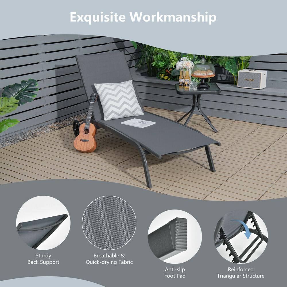 Gray Steel Adjustable Outdoor Chaise Lounge with Wheels