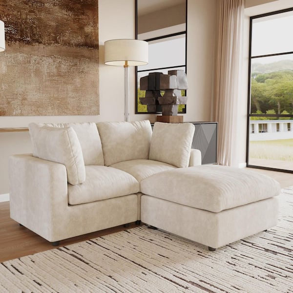 Magic Home Oversized 67 in. Square Arm Chenille Modular L-Shaped Sofa Love Seat with Chaise Ottoman, Detachable Covers in. Beige