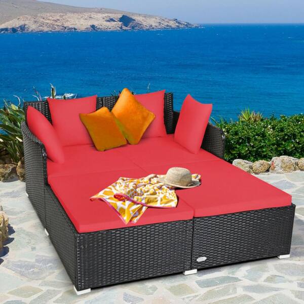 Clihome Outdoor Patio Rattan Daybed Cushioned Patio Conversation Sofa Set Red