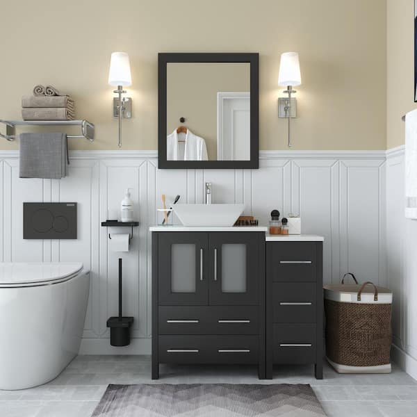Vanity Art Ravenna 36 in. W Bathroom Vanity in Espresso with Single Basin in White Engineered Marble Top and Mirror