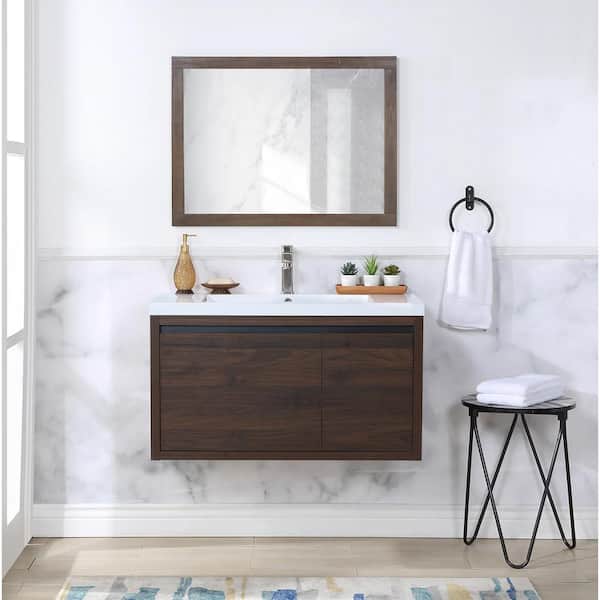 FORCLOVER 35-7/16 in. W x 18-1/8 in. D x 20-1/2 in. H Bath Vanity in California Walnut with White Resin Top