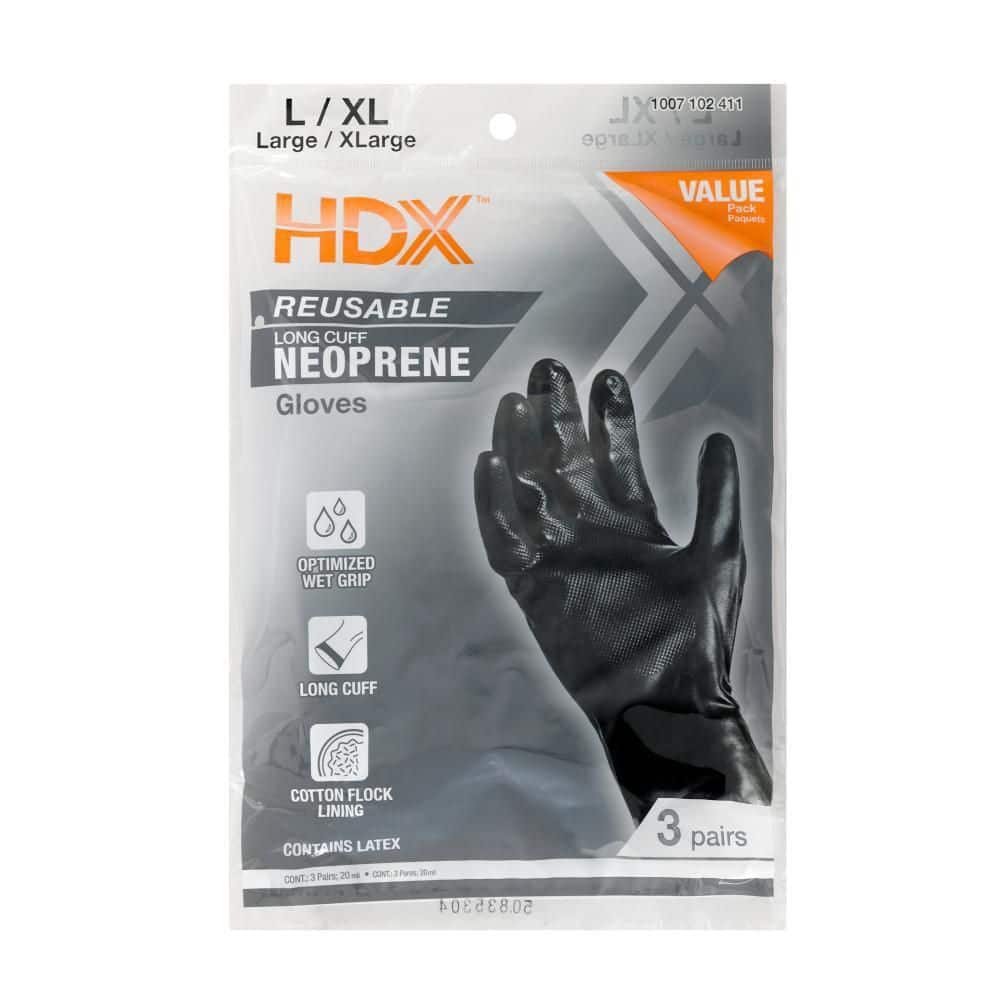 HDX Black Long Cuff 20 mil Reusable Neoprene - L/XL (3-Pair) 24117