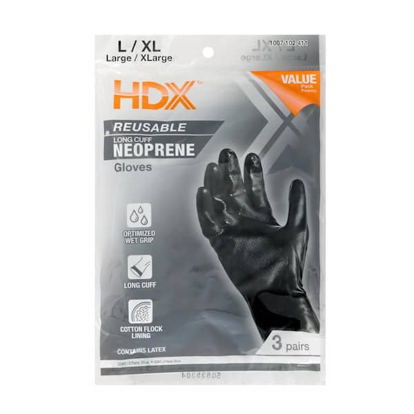 HDX Black Long Cuff 20 mil Reusable Neoprene - L/XL (3-Pair) 24117