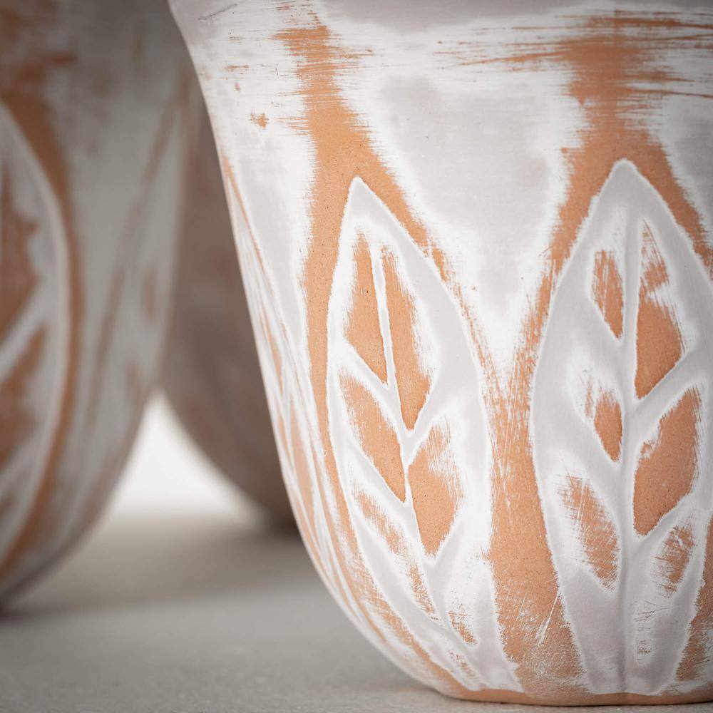 Rustic White and Clay Leaf Patterned Pot Set of 3