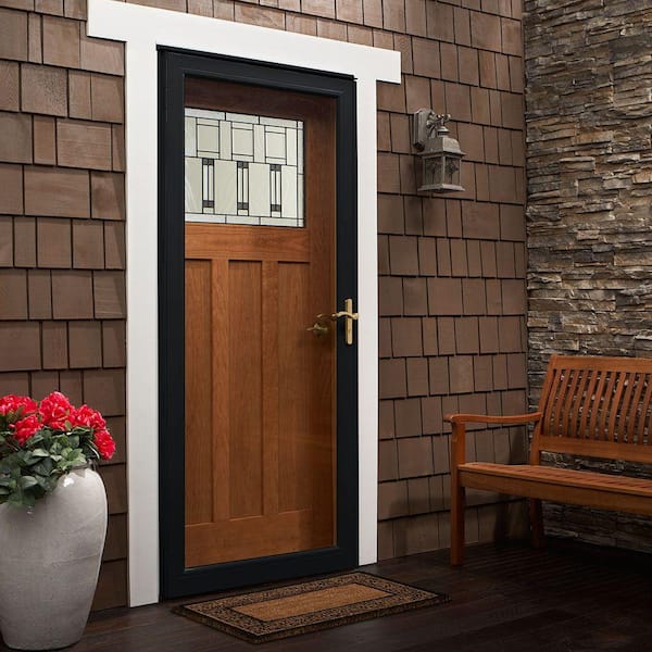 3000-Series 36 in. x 80 in. Black Right-Hand Full View Interchangeable Aluminum Storm Door with Brass Hardware