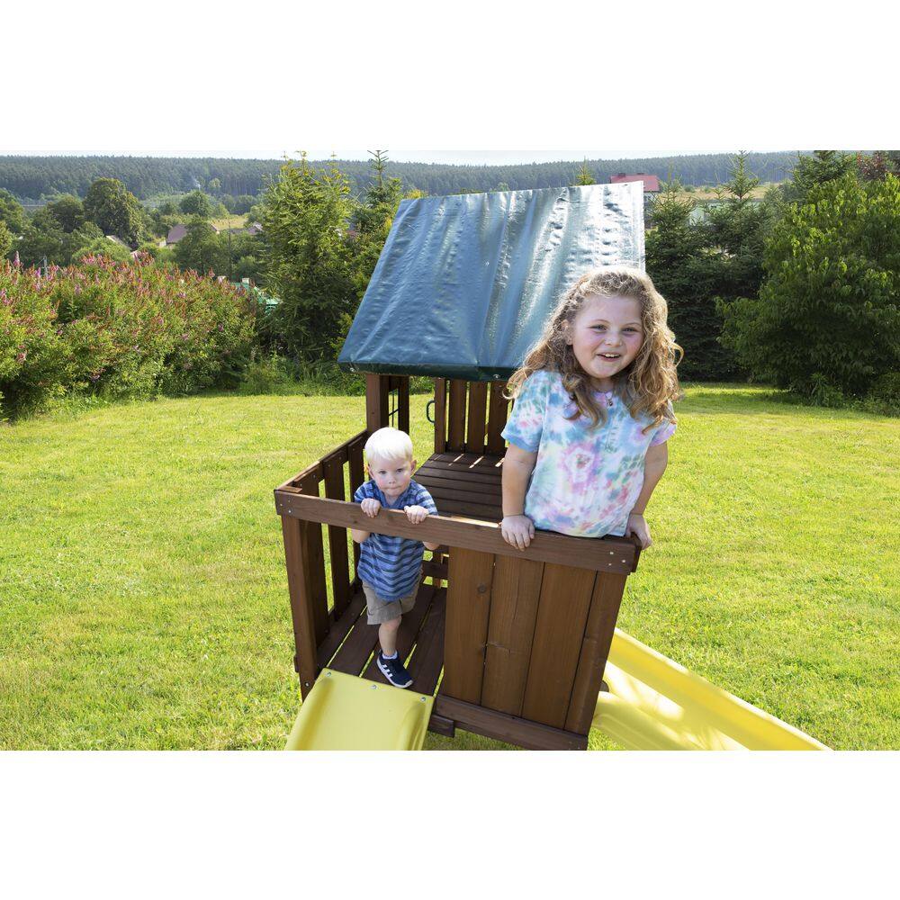 Castlebrook Wooden Swing Set with Yellow Slides and Climbing Wall