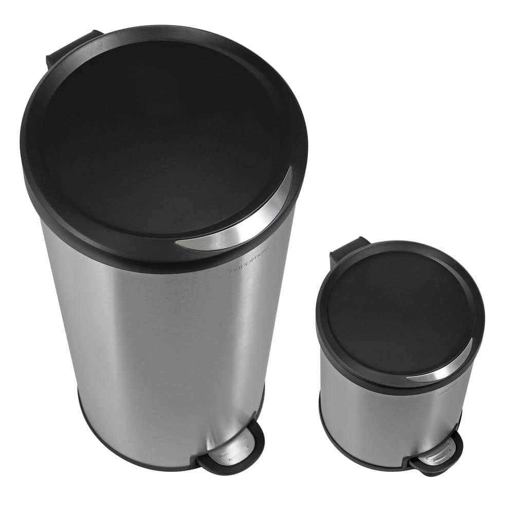 Oscar Stainless Steel Cylinder Step Trash Can Set with Black Lid