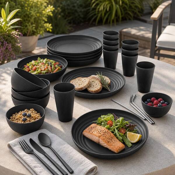 Numhew 64-Piece Black Wheat Straw Dinnerware Set Service for 8