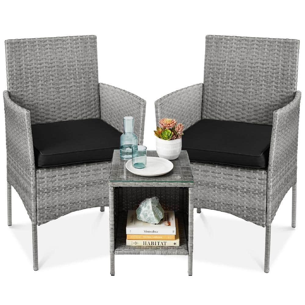 Best Choice Products Gray 3-Piece Wicker Outdoor Bistro Set with Black  Cushions, 2 Chairs, Table SKY6360 - The Home Depot
