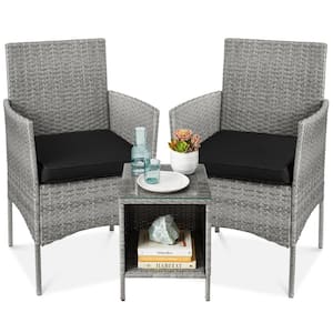 3-Piece Outdoor Wicker Conversation Patio Bistro Set, w/ 2-Chairs, Table, Cushions - Gray/Black
