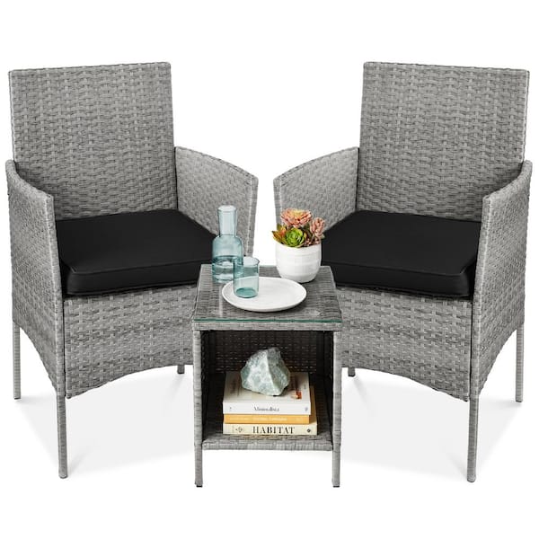 Best Choice Products 3-Piece Outdoor Wicker Conversation Patio Bistro Set, w/ 2-Chairs, Table, Cushions - Gray/Black