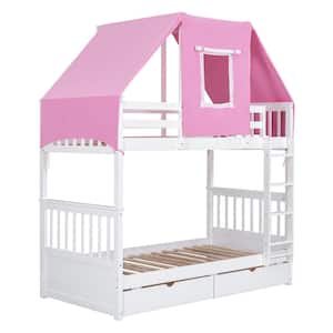 Twin over Twin Bunk Bed Wood Bed with Tent and Drawers, White, Pink Tent