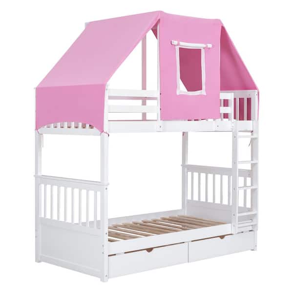 Polibi Twin over Twin Bunk Bed Wood Bed with Tent and Drawers, White, Pink Tent