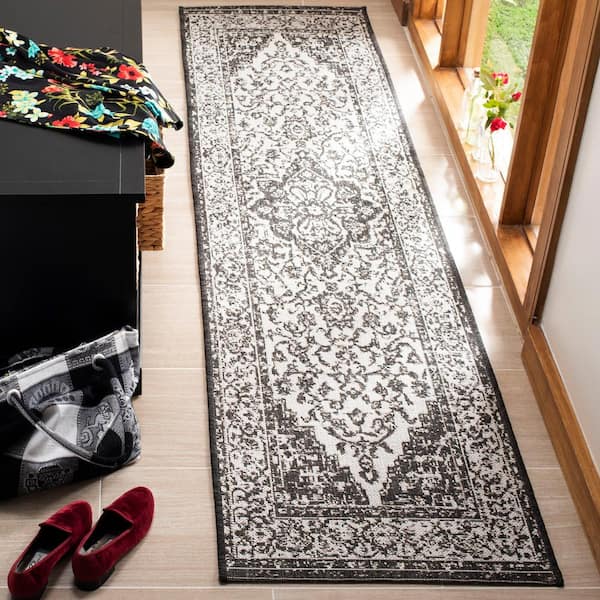 Linden Light Gray/Charcoal 2 ft. x 10 ft. Border Antique Medallion Indoor/Outdoor Runner Rug