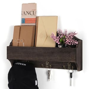 Dark Brown Mail Holder Wall Mounted Mail Organizer with Tags and 3-Double Key Hooks Mail Key Holder