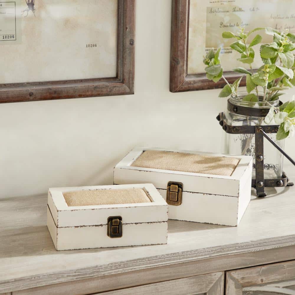 White and Burlap Rectangular Wood Lidded Box Set