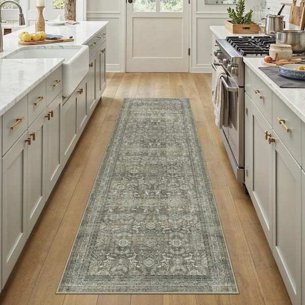 Solo 2 ft. X 8 ft. Brown Distressed Vintage Floral Runner Rug