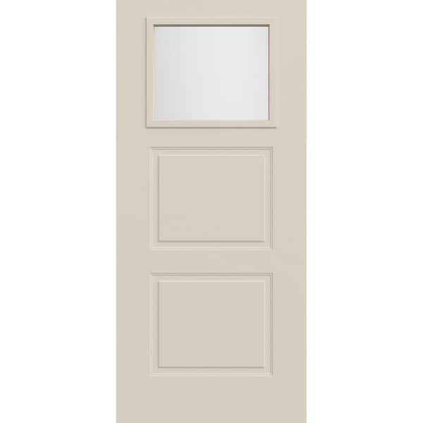 JELD-WEN 36 in x 80 in 2 Panel 1/4 Lite Right-Hand Inswing Frosted Glass Primed Steel Front Door Slab