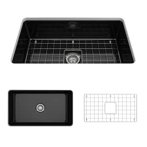 Sotto Undermount Fireclay 32 in. Single Bowl Kitchen Sink with Bottom Grid and Strainer in Black