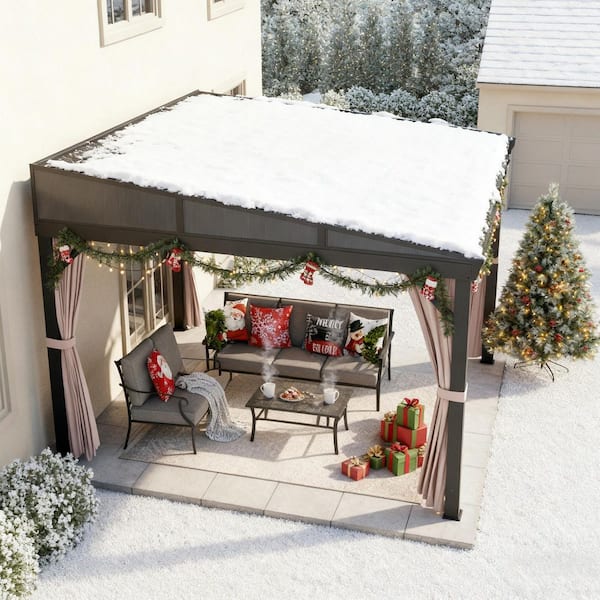 VineLull 12 ft. x 14 ft. Aluminum Frame Wall-Mounted Galvanized Steel Hardtop Lean-to Gazebo with Curtains and Netting