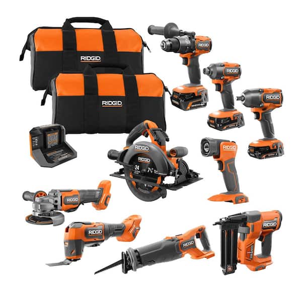 RIDGID 18V Brushless Cordless 9-Tool Combo Kit with (2) 2.0 Ah and (1) 4.0 Ah MAX Output Batteries, Charger, and Tool Bag