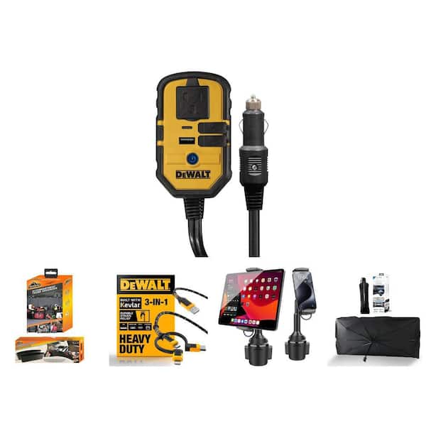 DW 3-in-1 Cable, 140-Watt Car Power Inverter, Car Organizer, Tablet Mount, and Car Sun Shade Bundle