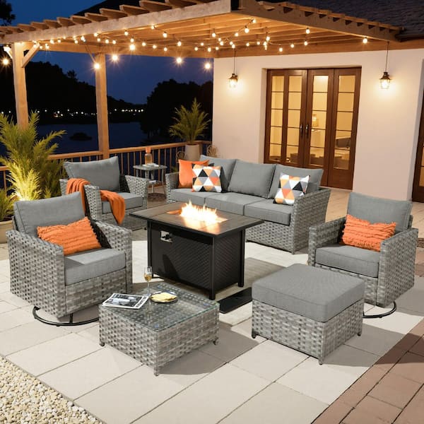 XIZZI Boreas 10-Piece Wicker Patio Rectangular Fire Pit Set with Dark Gray Cushions and Swivel Rocking Chairs