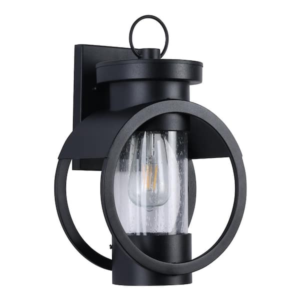 6.7 in. 1-Light Frosted Black Classic Outdoor Wall Light Lantern Sconce with Clear Glass Shade for Porche, Doorway