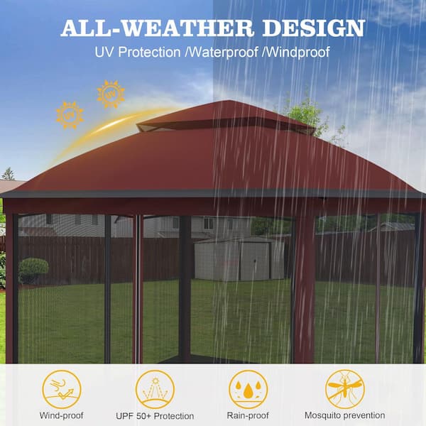 11 ft. x 11 ft. Outdoor Pop Up Canopy Tent with Mosquito Netting and Storage Bag, Red