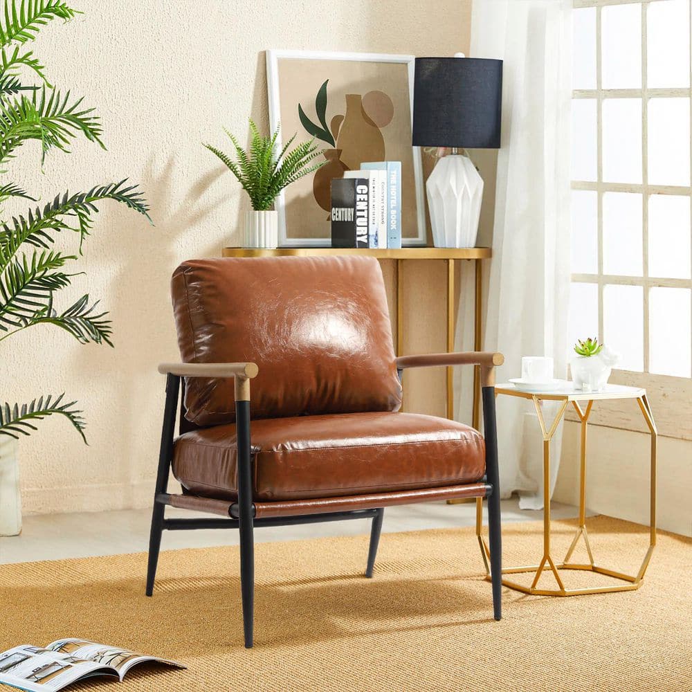 Uixe Mid-Century Modern Brown Faux Leather Upholstery Arm Chair