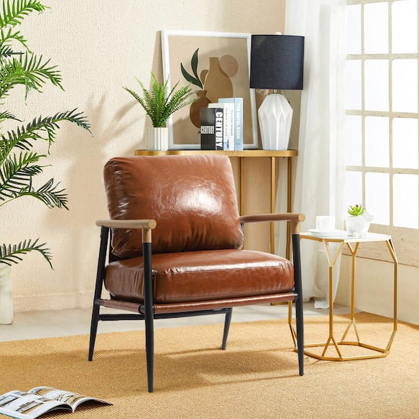 Uixe Mid-Century Modern Brown Faux Leather Upholstery Arm Chair with Metal Legs(Set of 1)