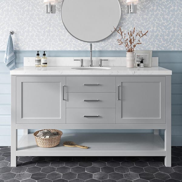 ARIEL Bayhill 60.25 in. W x 22 in. D x 36 in. H Single Sink Freestanding Bath Vanity in Grey with Man-Made Stone Top