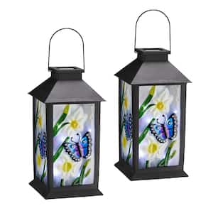 11 in. H Multi-Colored Stylish Textured Glass with Butterfly and Flower Pattern Solar Powered Hanging Lantern (2-Pack)