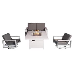Aluminum Patio Conversation Set with White 41.34 in. Fire Pit Table, Gray Cushion Sofa Set - 2 Swivel+ Loveseat