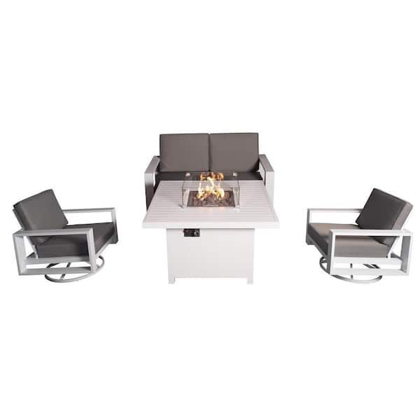 PATIOPTION Aluminum Patio Conversation Set with White 41.34 in. Fire Pit Table, Gray Cushion Sofa Set - 2 Swivel+ Loveseat