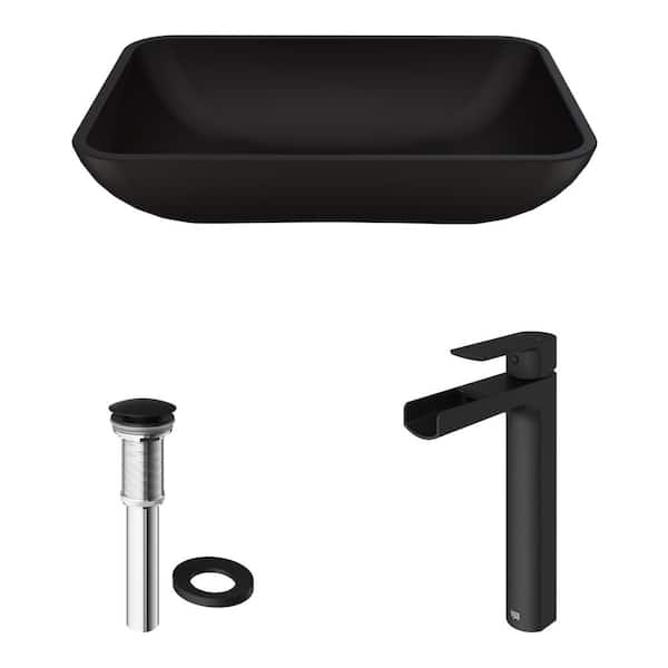 VIGO Sottile Glass Vessel Bathroom Sink in Black with Amada Faucet in Matte Black