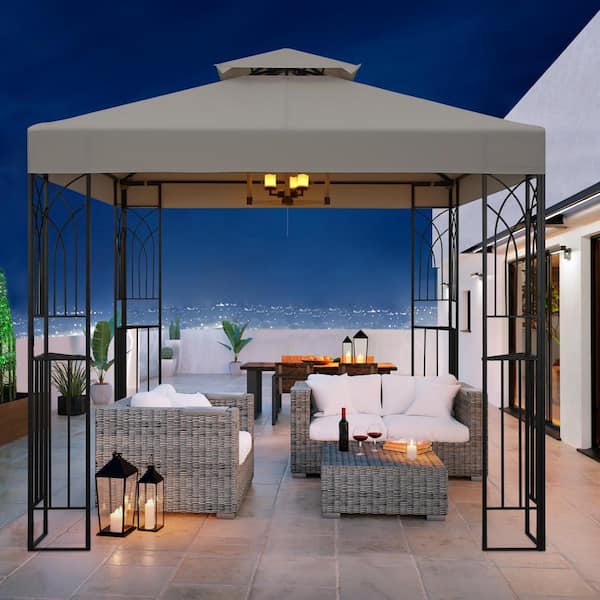 COOS BAY 8 ft. x 8 ft. Beige Outdoor Garden Gazebo with Built-in Ceiling Hook, Corner Shelves, and 2-Tier Vented Soft Top Roof