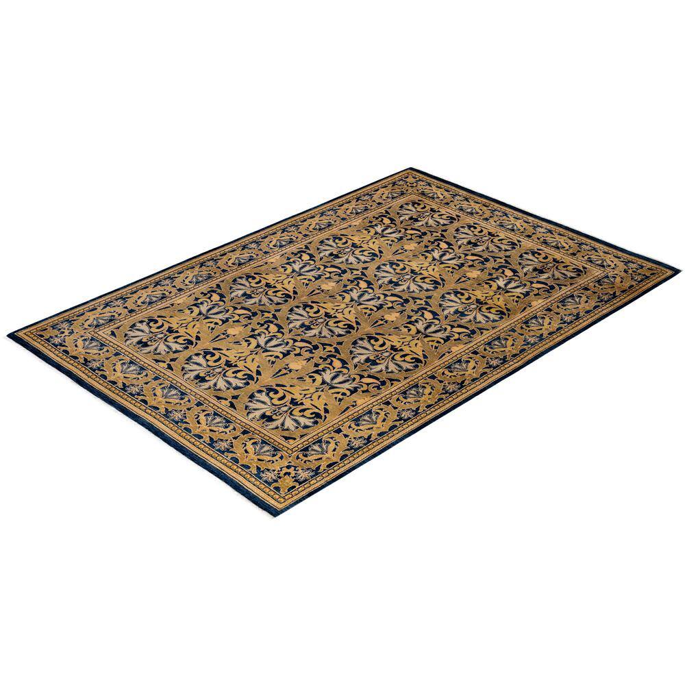 Hand-Knotted Blue and Gold Wool Geometric Area Rug