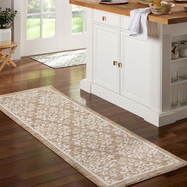 Everyday Walker Damask Medallion Beige 24 in. x 72 in. Machine Washable Runner Kitchen Mat