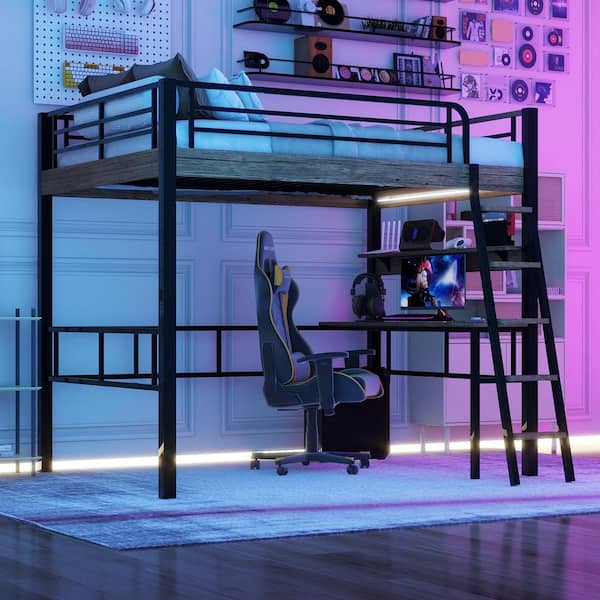 Black and Brown Full Size Metal Loft Bed with LED Light, Built-in Wood Desk, Storage Shelf and Sloping Ladder