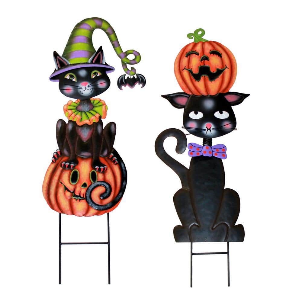29 in. Metal Halloween Black Cat Yard Stake (Set of 2) 8313 - The