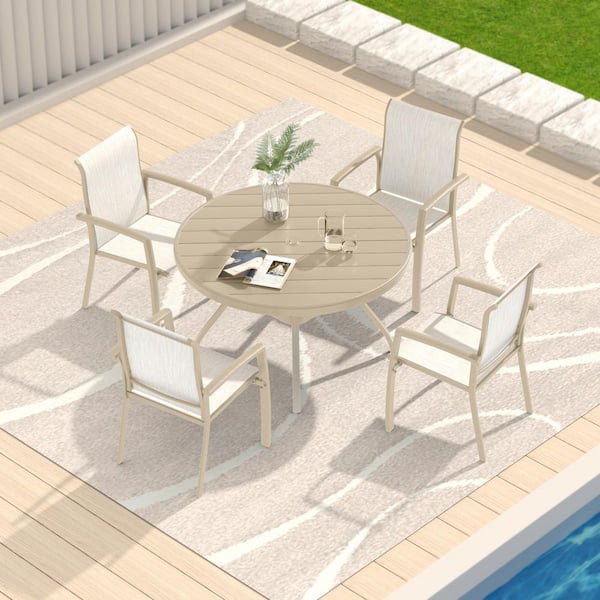 5-Piece Metal Outdoor Dining Set, 4 Stackable Dining Chairs and Round Dining Table Set, Sandstone