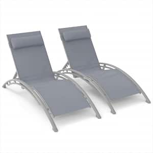 2-Piece Gray Aluminum Outdoor Chaise Lounge Chair Recliner with 5-Level Adjustable Backrest and Removable Cushions
