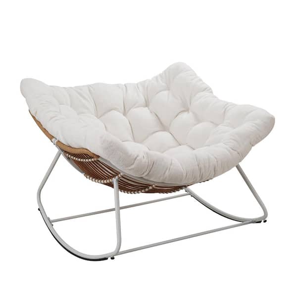 Runesay 42.52 in. W White Metal Outdoor Rocking Chair with White Cushions