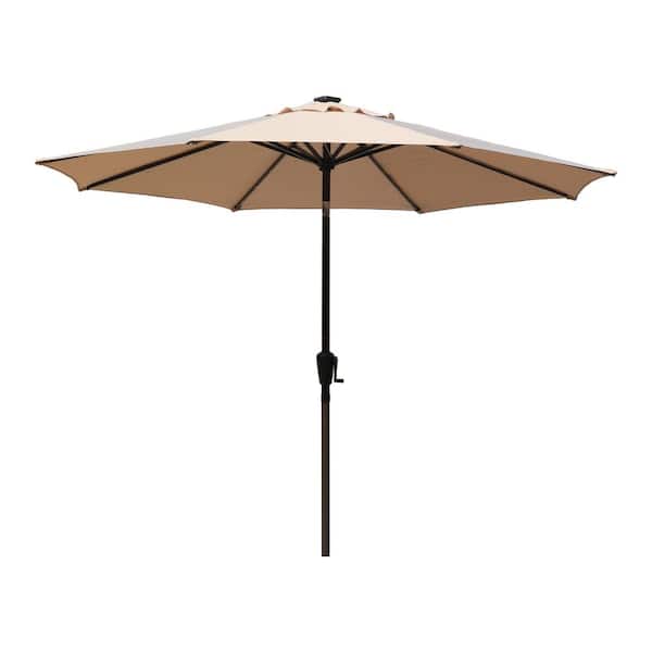 CASAINC 9 ft. Cast Aluminum Patio Market Umbrella with 32 LED Solar Lights in Light Tan