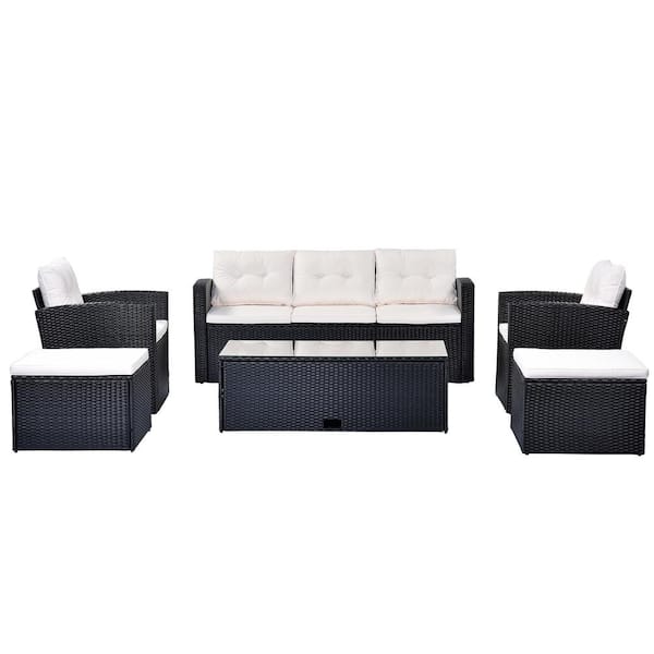 Unbranded 6 piece PE Wicker Outdoor Chaise Lounge dining conversation set with coffee table, footstool, seat Cushions Beige