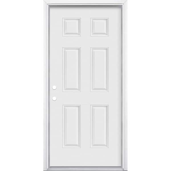 Masonite 36 in. x 80 in. 6-Panel Right-Hand Inswing Primed White Smooth Fiberglass Prehung Front Exterior Door with Brickmold