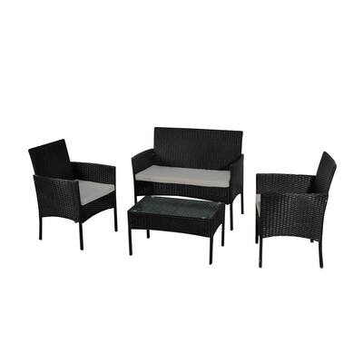 Daphne 4-Piece Black Wicker and Metal Frame Patio Conversation Set with Gray Cushions