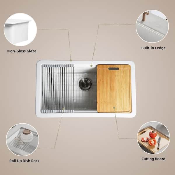 33 in. White Undermount Kitchen Sink, Dual Mount Kitchen Sink, Single Bowl Fireclay Workstation Sink With Accessories